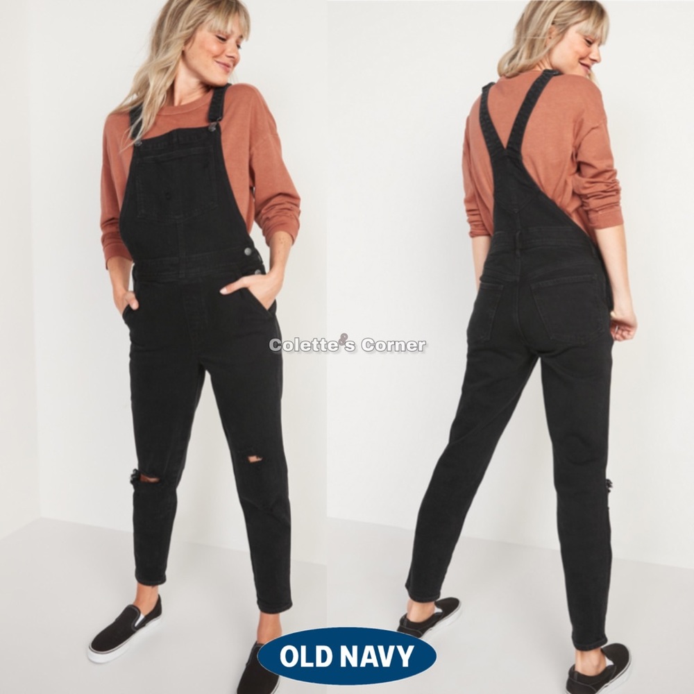 Old Navy O.G. Straight Black Ripped Distressed Denim Jean Overalls Jumpsuit